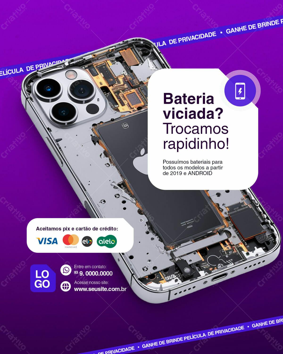 Flyer para Troca de Bateria de Celular PSD Editável