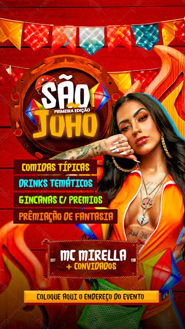 Flyer evento são joão primeira edição festa junina mc mirela