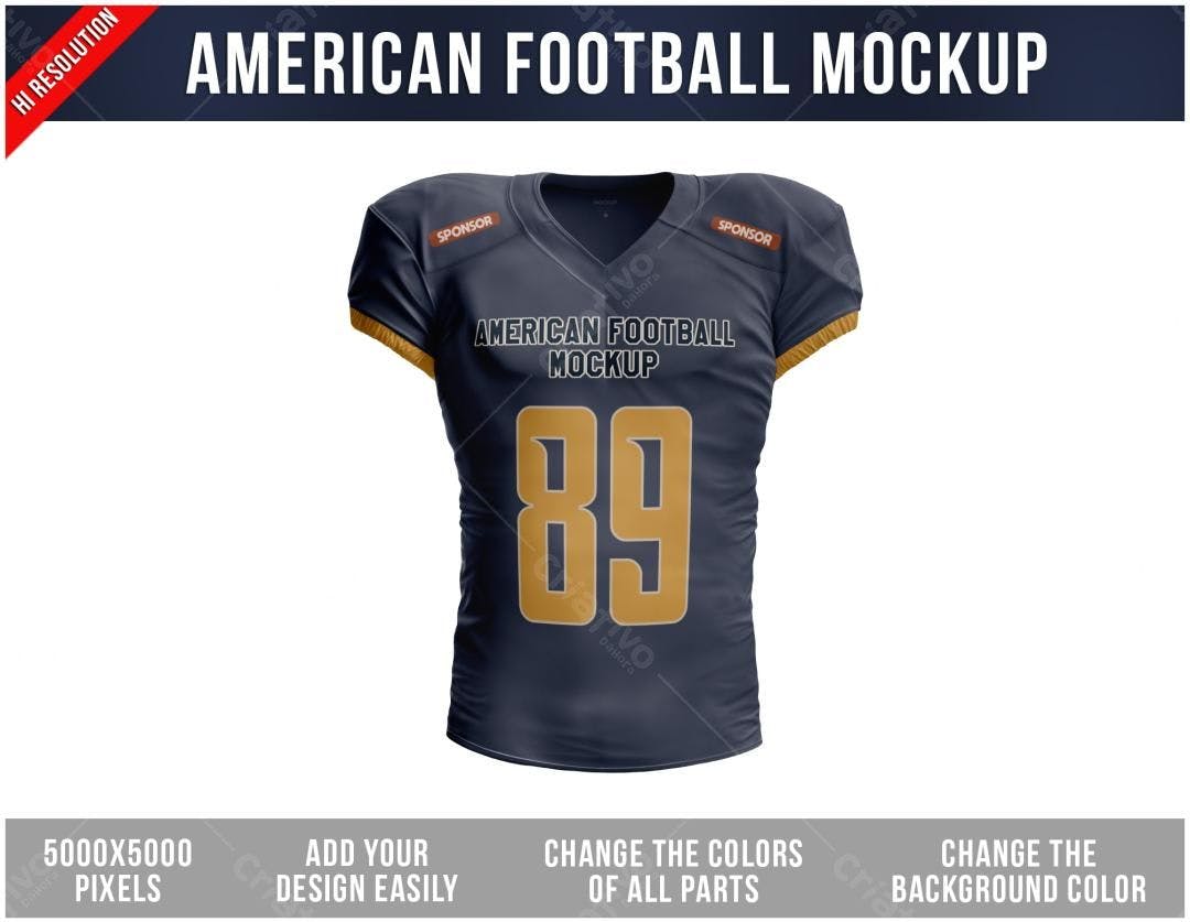 Mockup Camiseta Futebol Americano: Design Profissional Azul Escuro e Dourado
