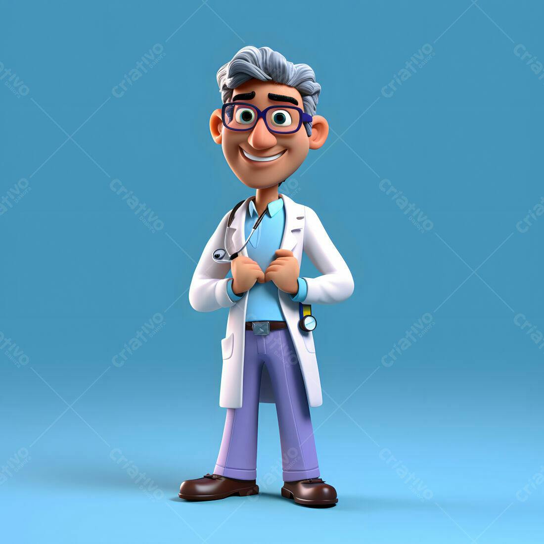 Médico 3D alegre em fundo azul