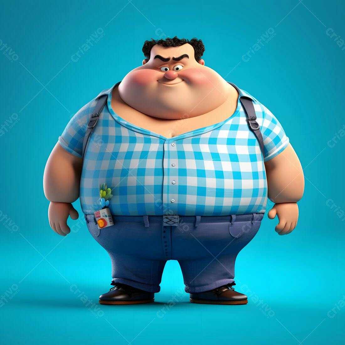 Homem gordinho alegre em camisa xadrez azul