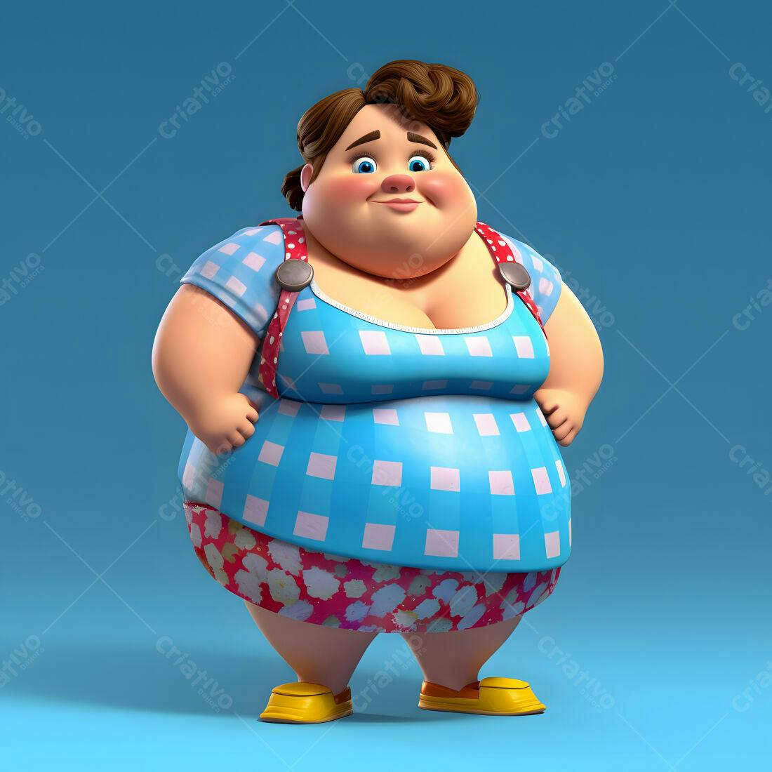 Mulher gordinha alegre em vestido azul