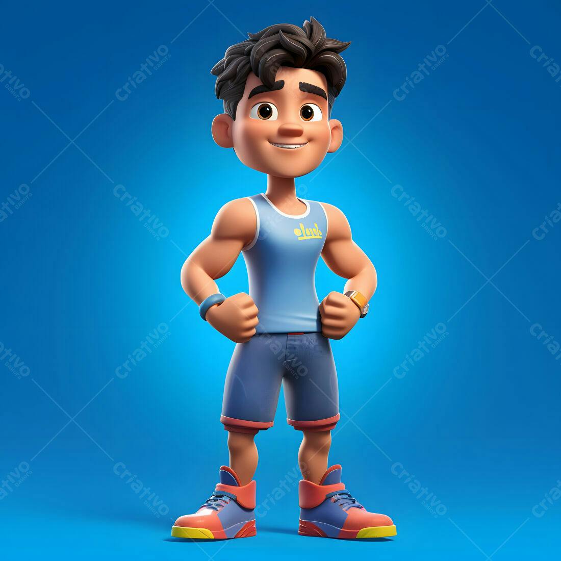Menino atleta desenho animado músculos azul