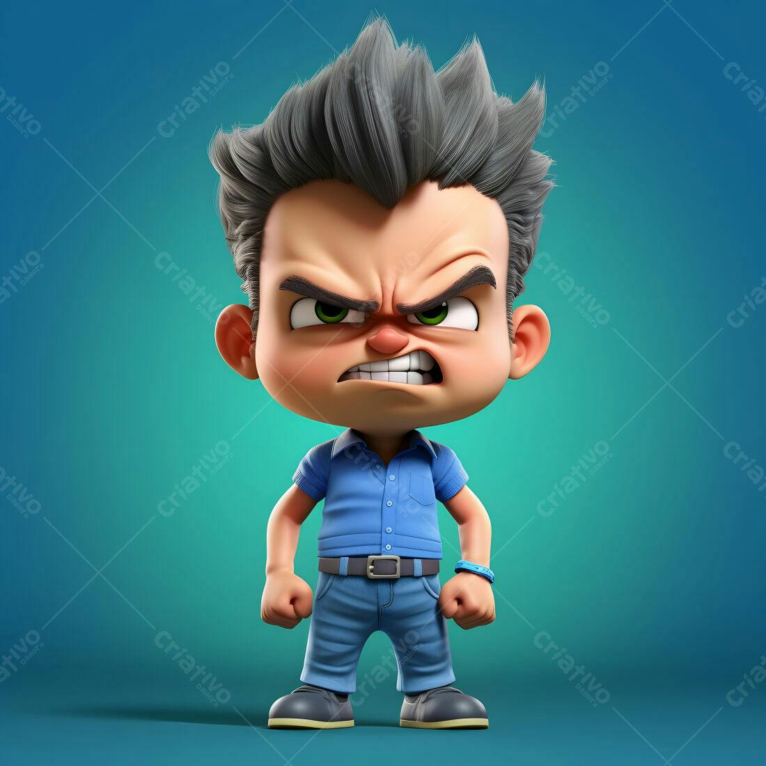 Menino Cartoon Raiva Azul Jeans