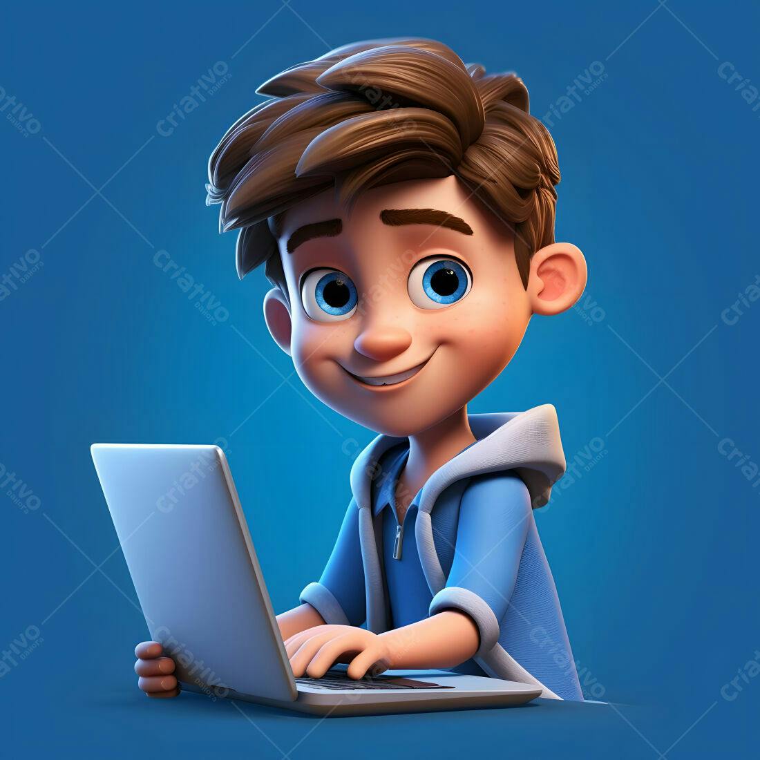 Menino usando laptop azul sorrindo