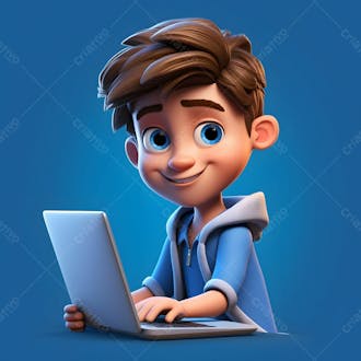 Um garotinho usando personagem de desenho animado de laptop