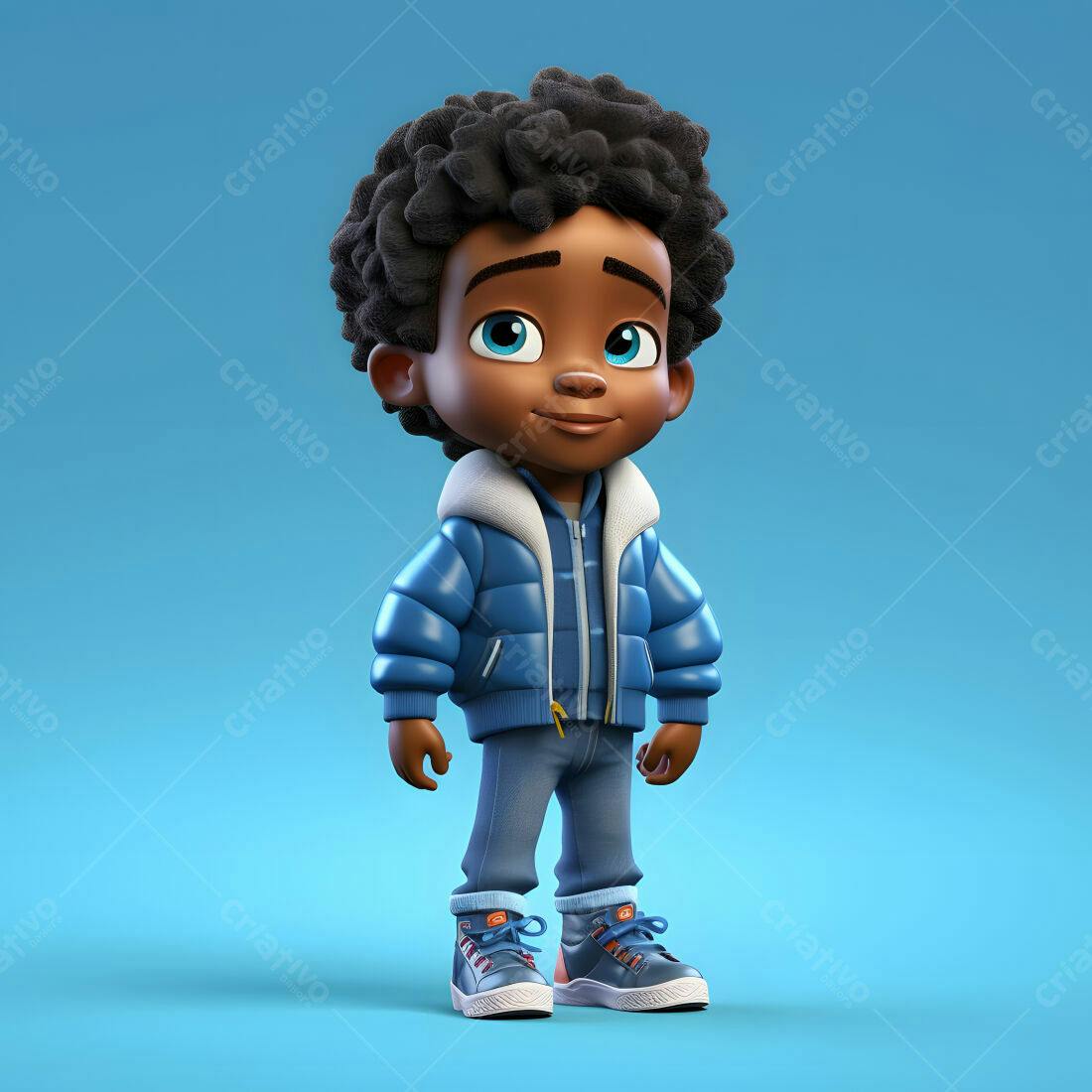 Menino negro estilo cartoon com casaco azul