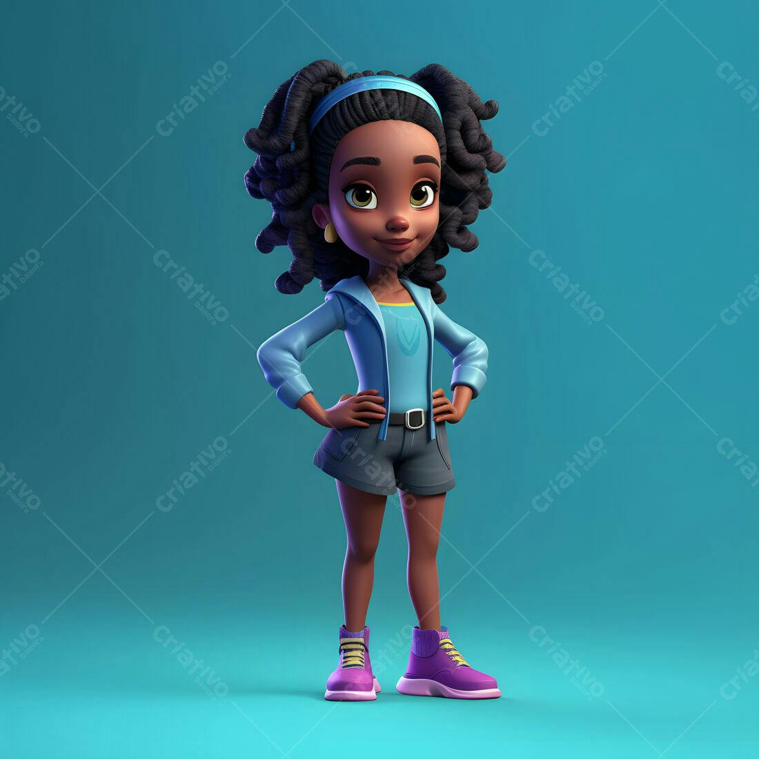 Menina animada com cabelo crespo azul e roxo