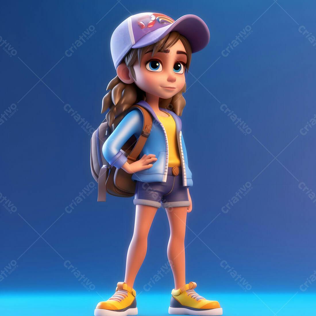 Menina animada com mochila azul e boné