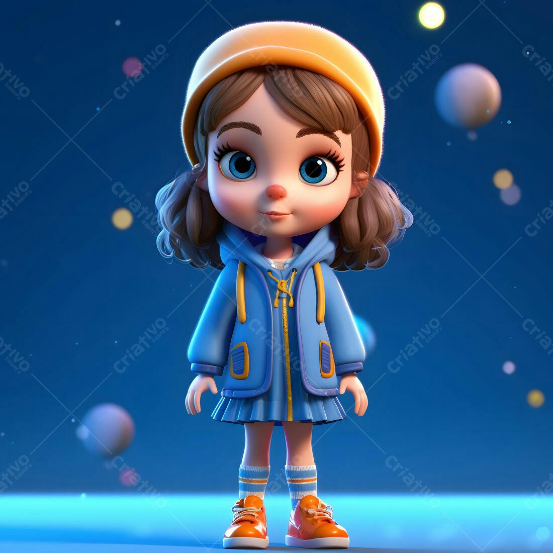 Menina fofa em roupa azul e chapéu amarelo