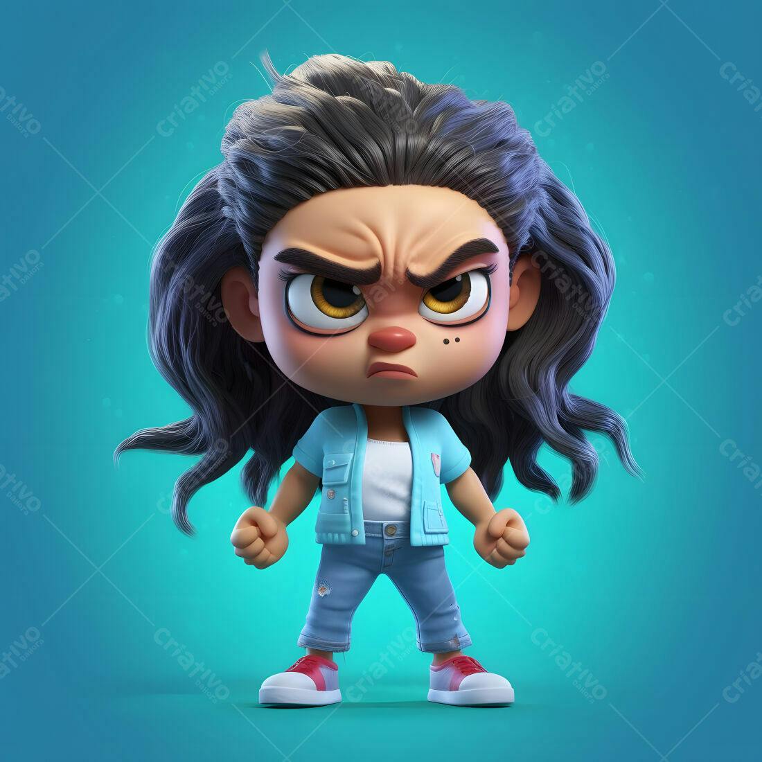 Menina 3D brava com cabelo escuro
