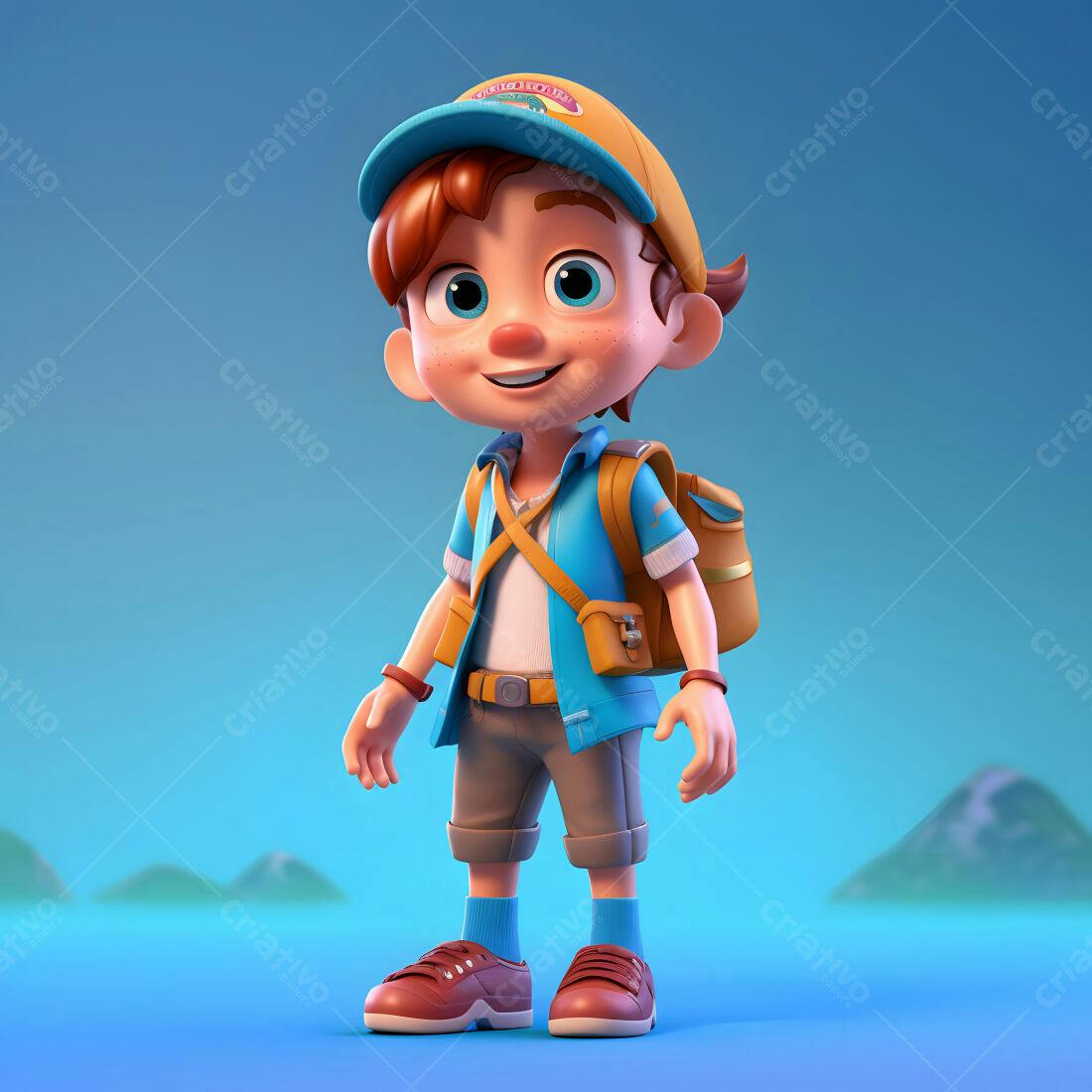 Menino explorador com mochila azul e chapéu