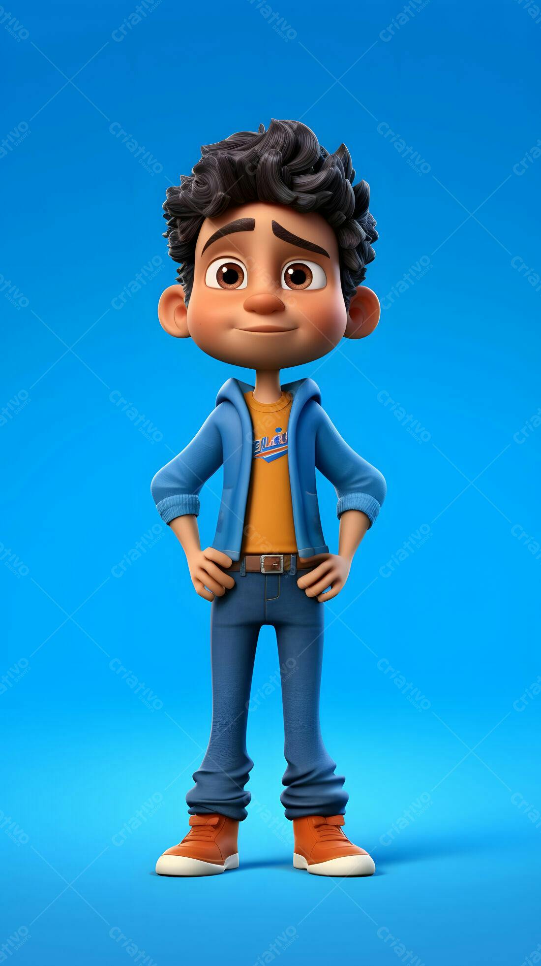 Menino desenho animado alegre fundo azul