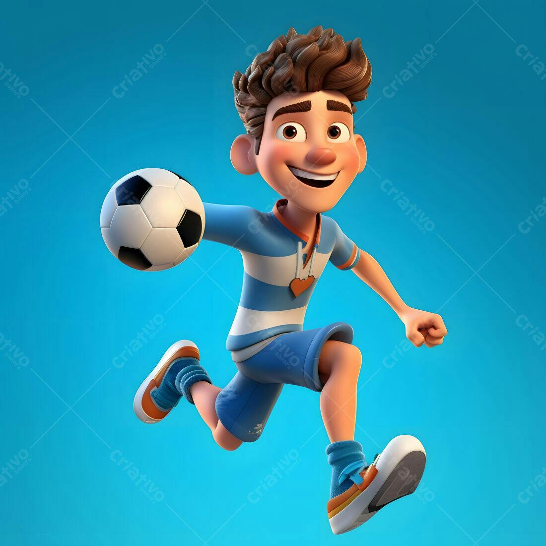Menino correndo com bola de futebol azul e branco