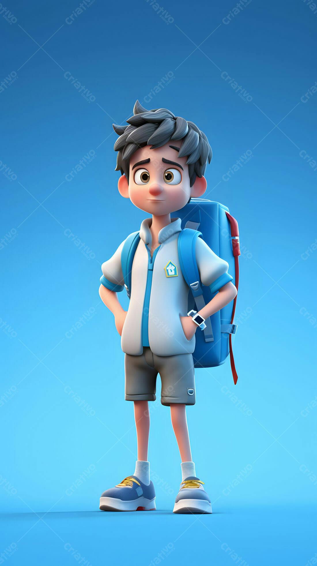 Menino com mochila azul em fundo azul