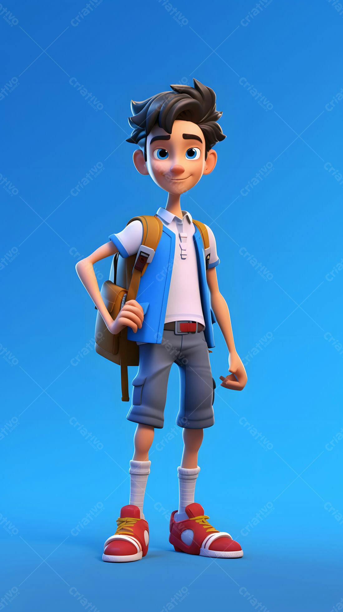 Menino com mochila azul fundo azul