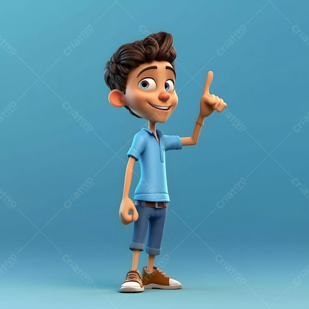 Menino aponta para o lado esquerdo personagem de desenho animado 3D