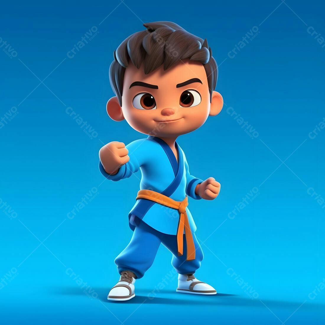Menino praticando artes marciais fundo azul