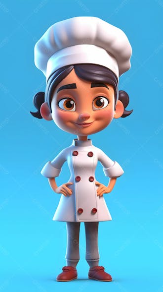 Um personagem de desenho animado 3d de uma jovem chef em frente a um fundo azul