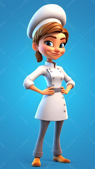 Um personagem de desenho animado 3d de uma jovem chef em frente a um fundo azul