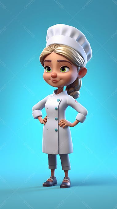 Um personagem de desenho animado 3d de uma jovem chef em frente a um fundo azul