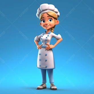 Um personagem de desenho animado 3d de uma jovem chef em frente a um fundo azul