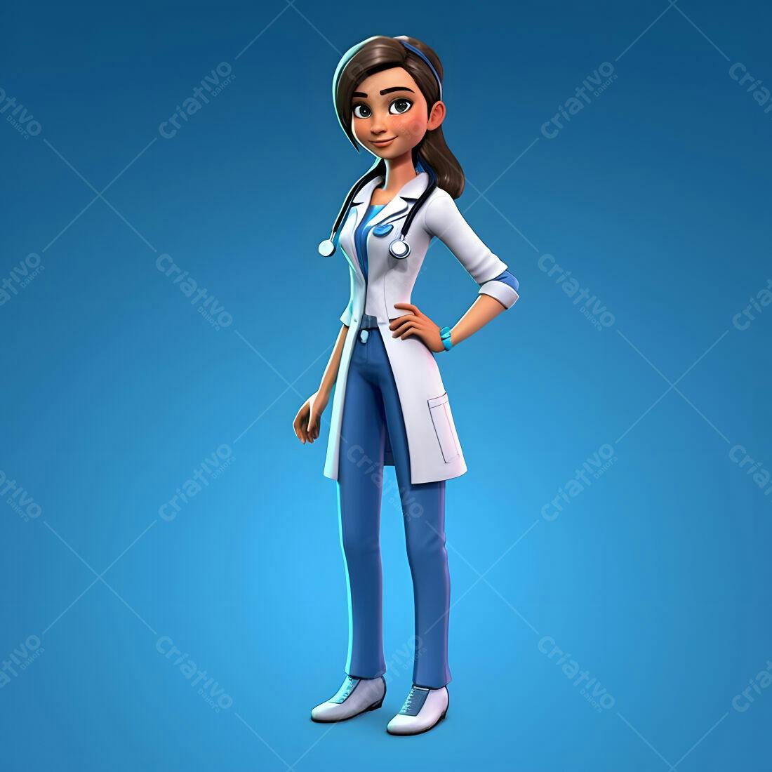 Médica animada sorrindo fundo azul