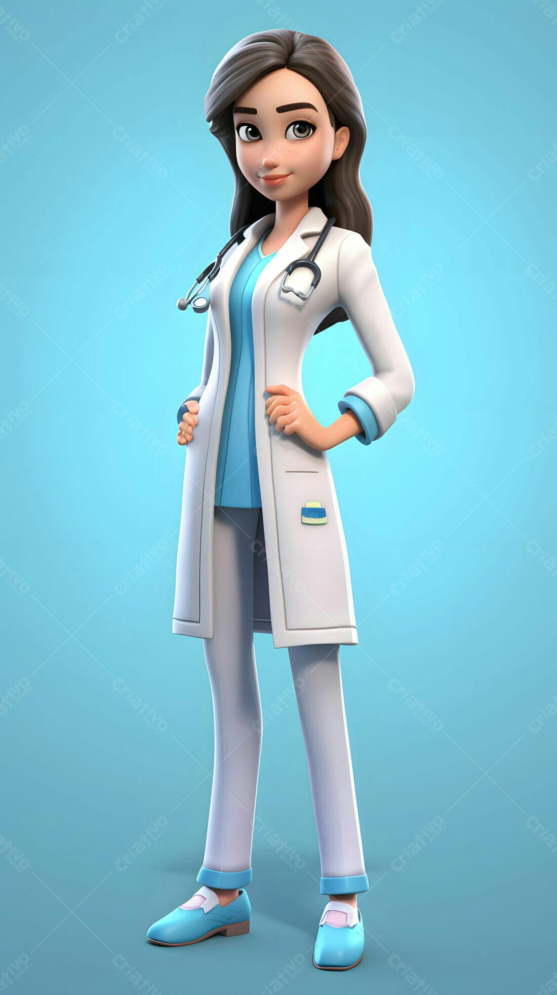 Médica animada sorrindo fundo azul