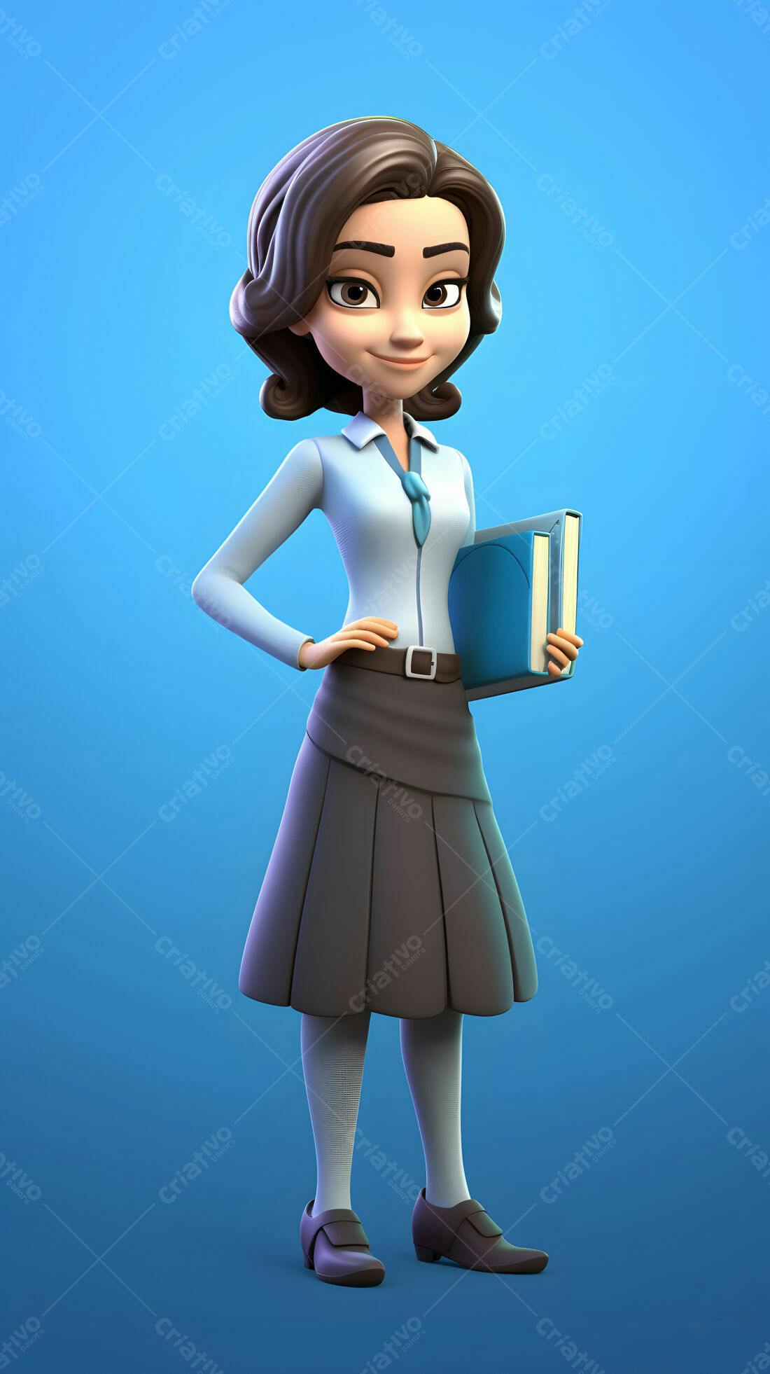 Professora animada segurando livros fundo azul