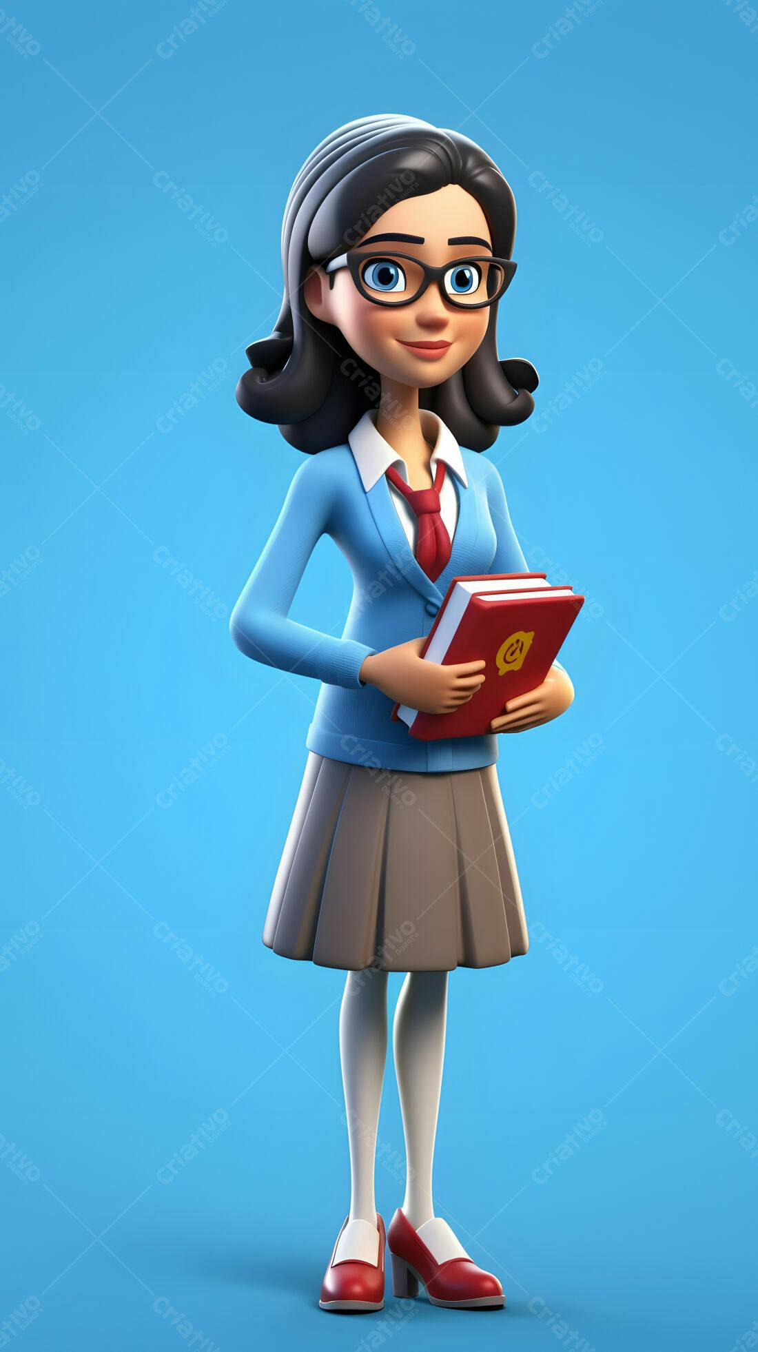 Estudante animada com livros azuis e vermelhos