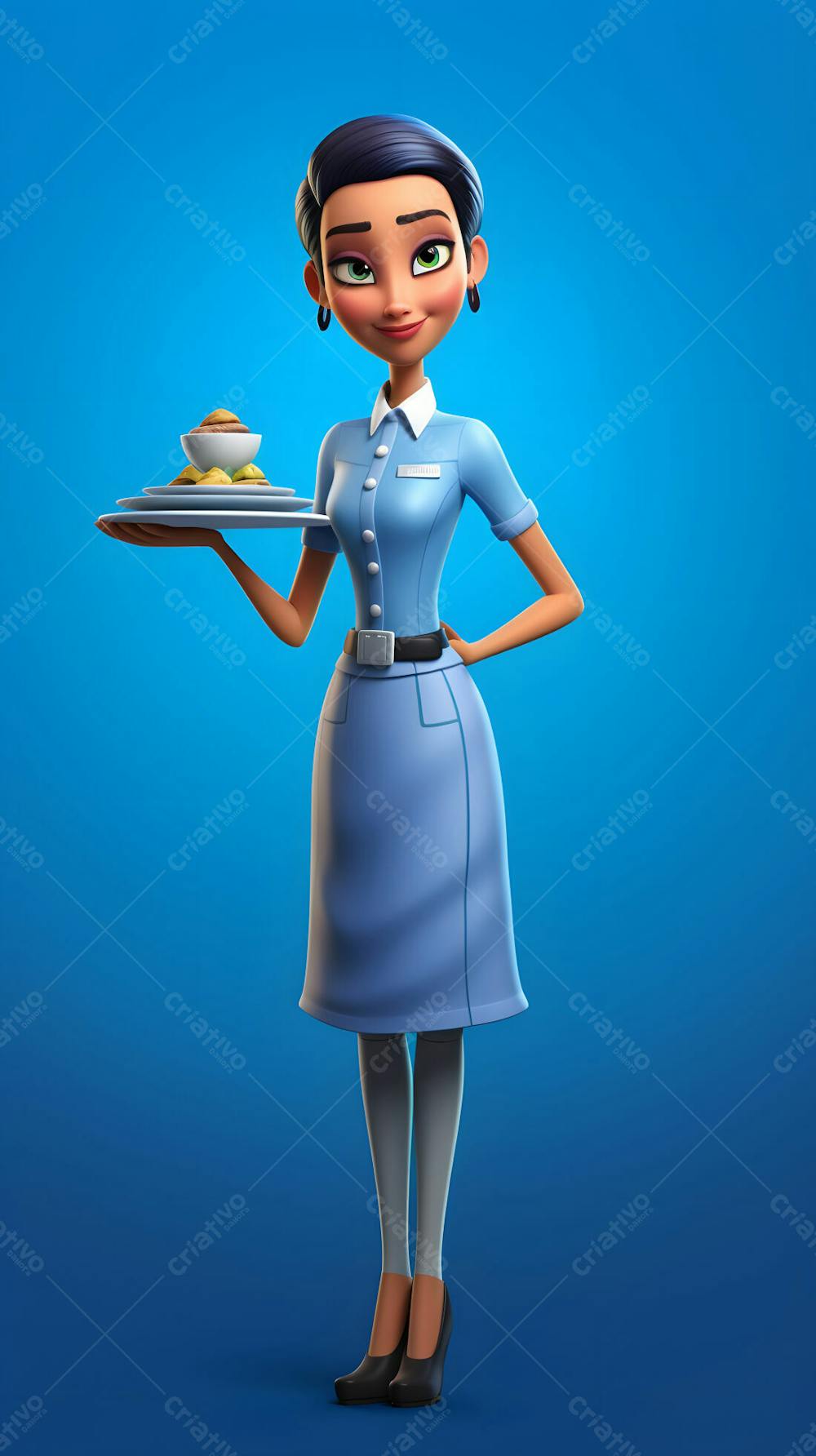 Um personagem de desenho animado de uma garçonete segurando uma bandeja de comida