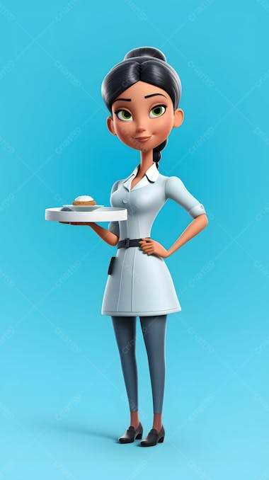 Personagem de desenho animado 3d de garçom feminino