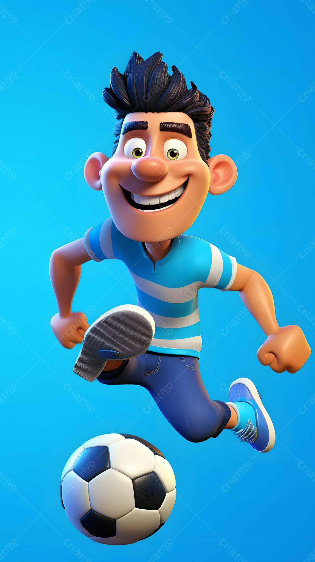 Menino chutando bola futebol fundo azul