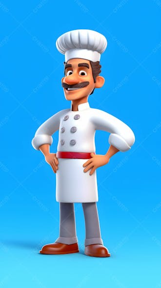 Personagem de desenho animado 3d de chef de homens na frente de fundo azul