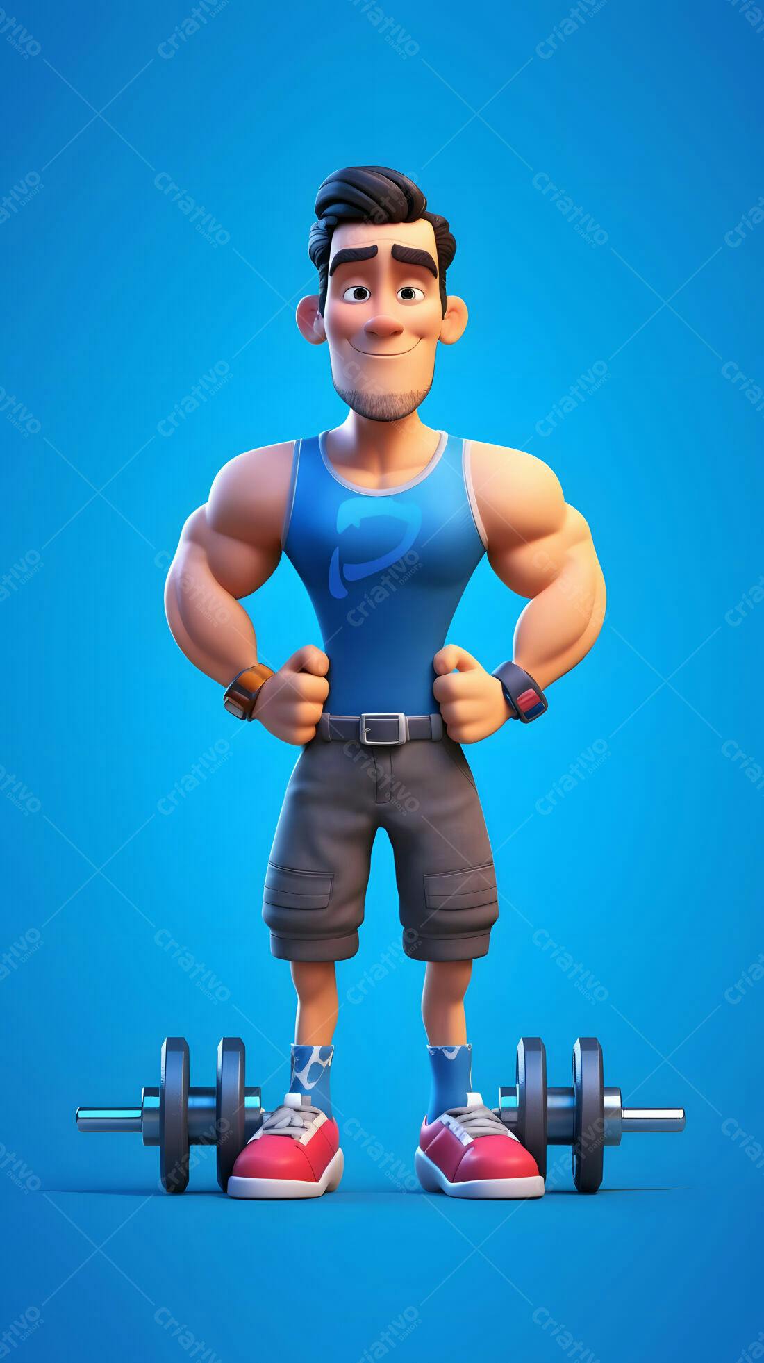 Personagem 3D musculoso azul e cinza
