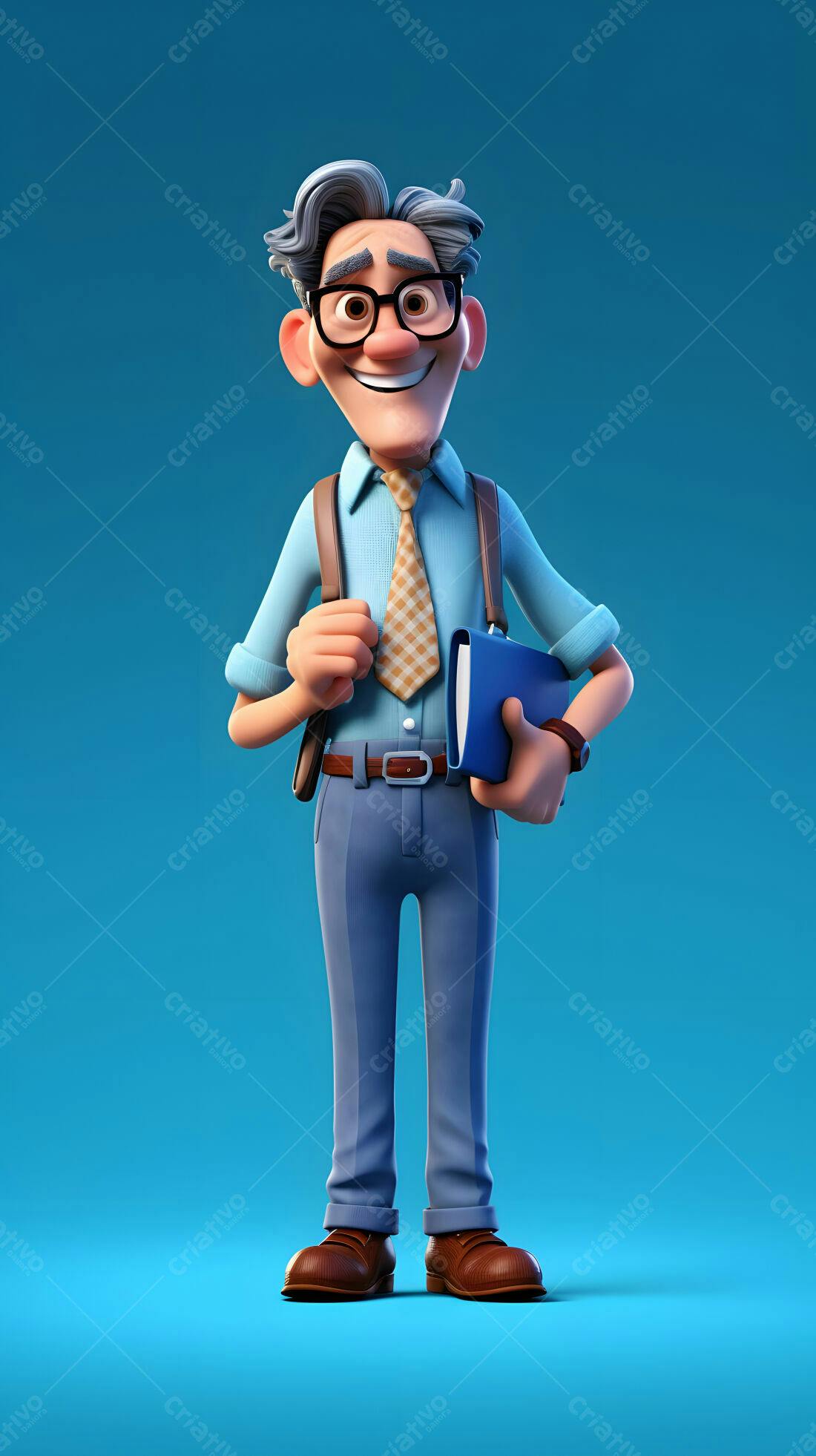Professor animado segurando pasta azul