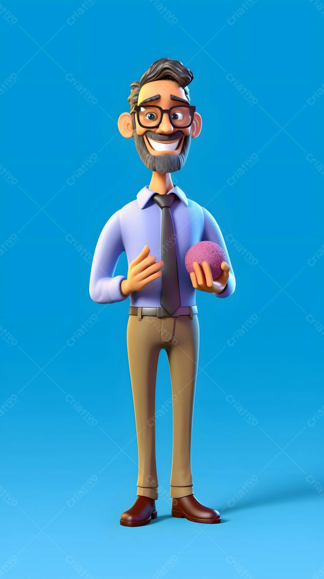 Professor alegre segurando objeto roxo