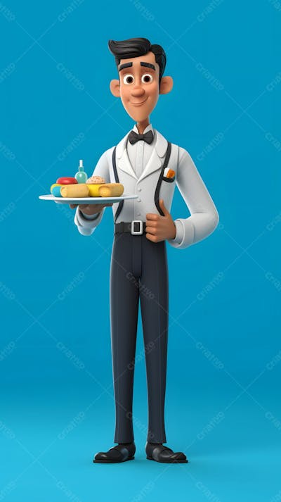  Um personagem de desenho animado em 3D de jovem garçom