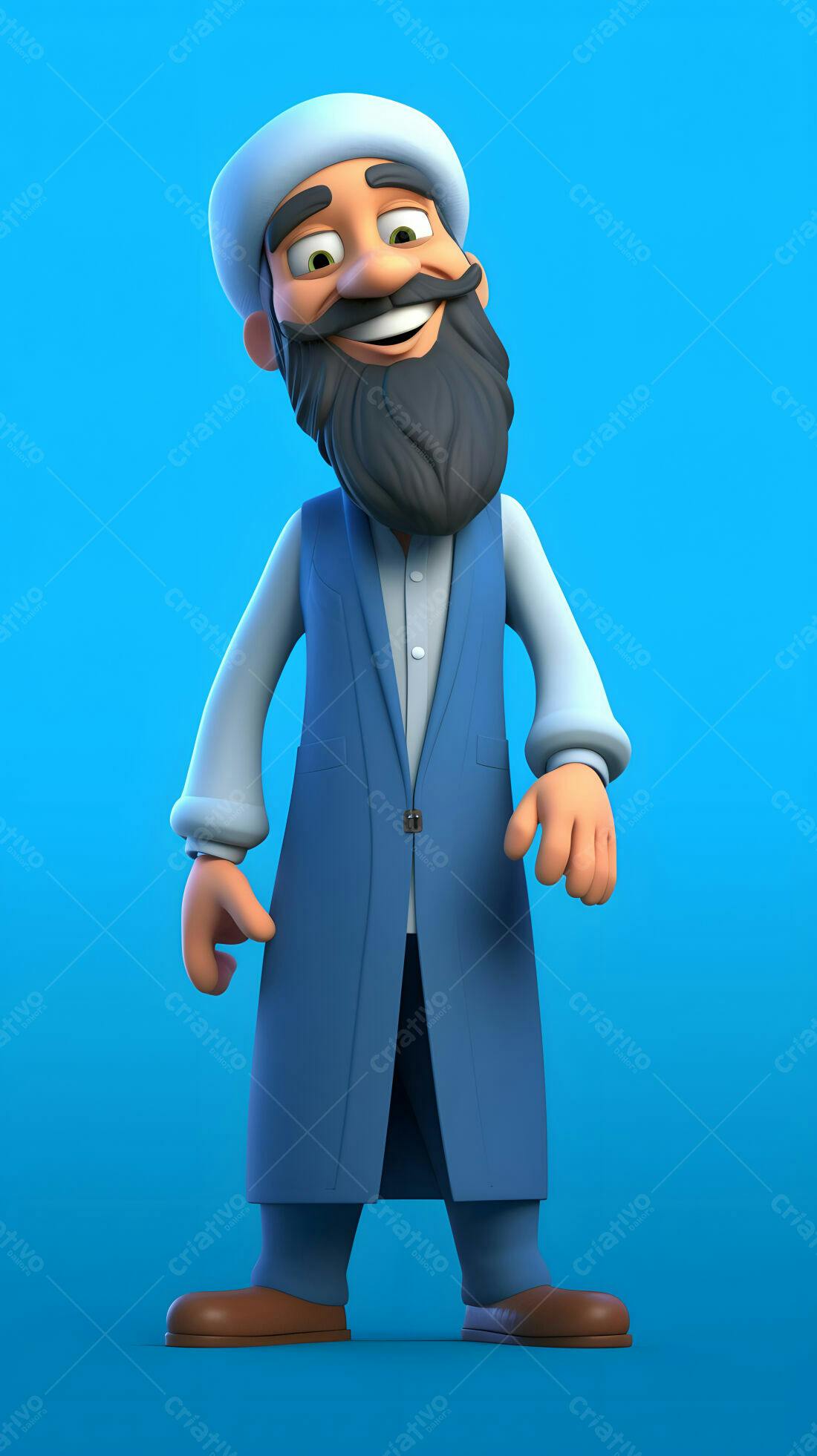 Homem barbudo sorridente em fundo azul