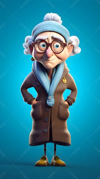 Um personagem de desenho animado de uma senhora idosa com um lenço azul e óculos