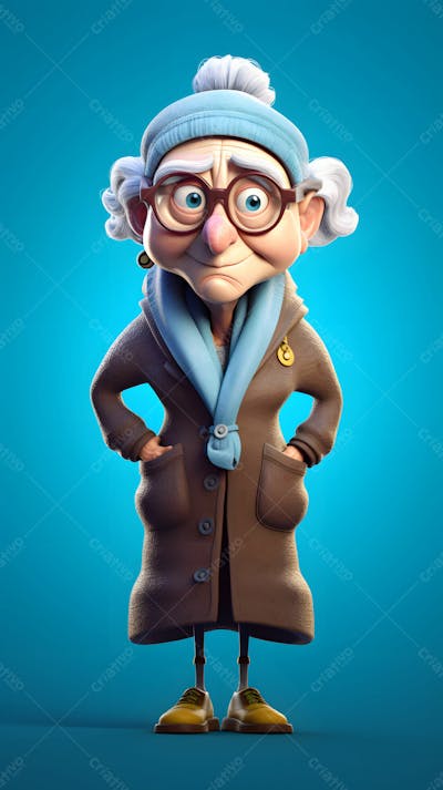 Um personagem de desenho animado de uma senhora idosa com um lenço azul e óculos