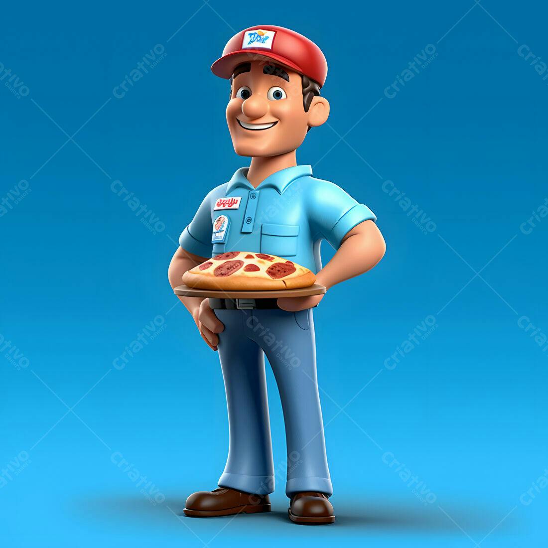 Entregador sorridente com pizza de pepperoni