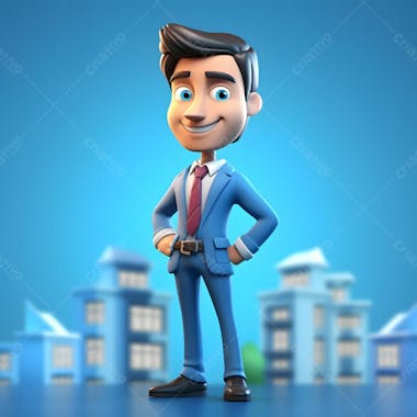 Agente imobiliário corretor de imóveis personagem de desenho animado 3d