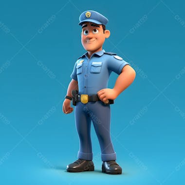 Um personagem de desenho animado 3d de policial com uma camisa azul e um chapéu