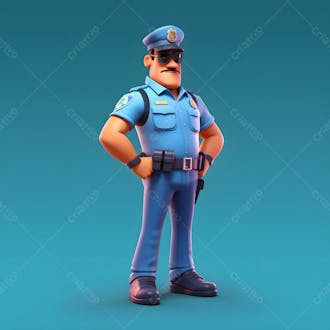Um personagem de desenho animado 3d de policial com uma camisa azul e um chapéu