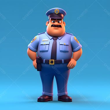 Um personagem de desenho animado 3d de policial com uma camisa azul e um chapéu