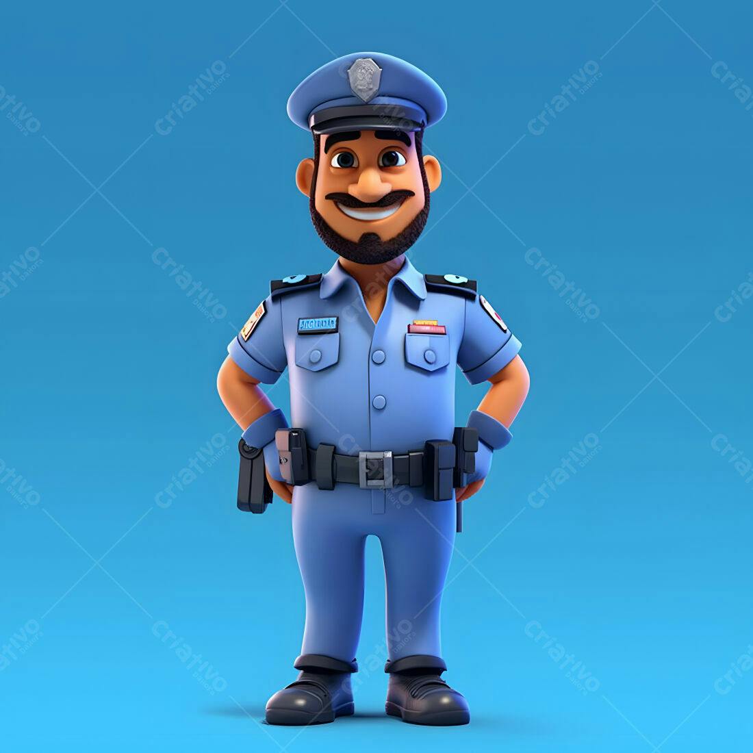 Policial de desenho animado sorridente uniforme azul