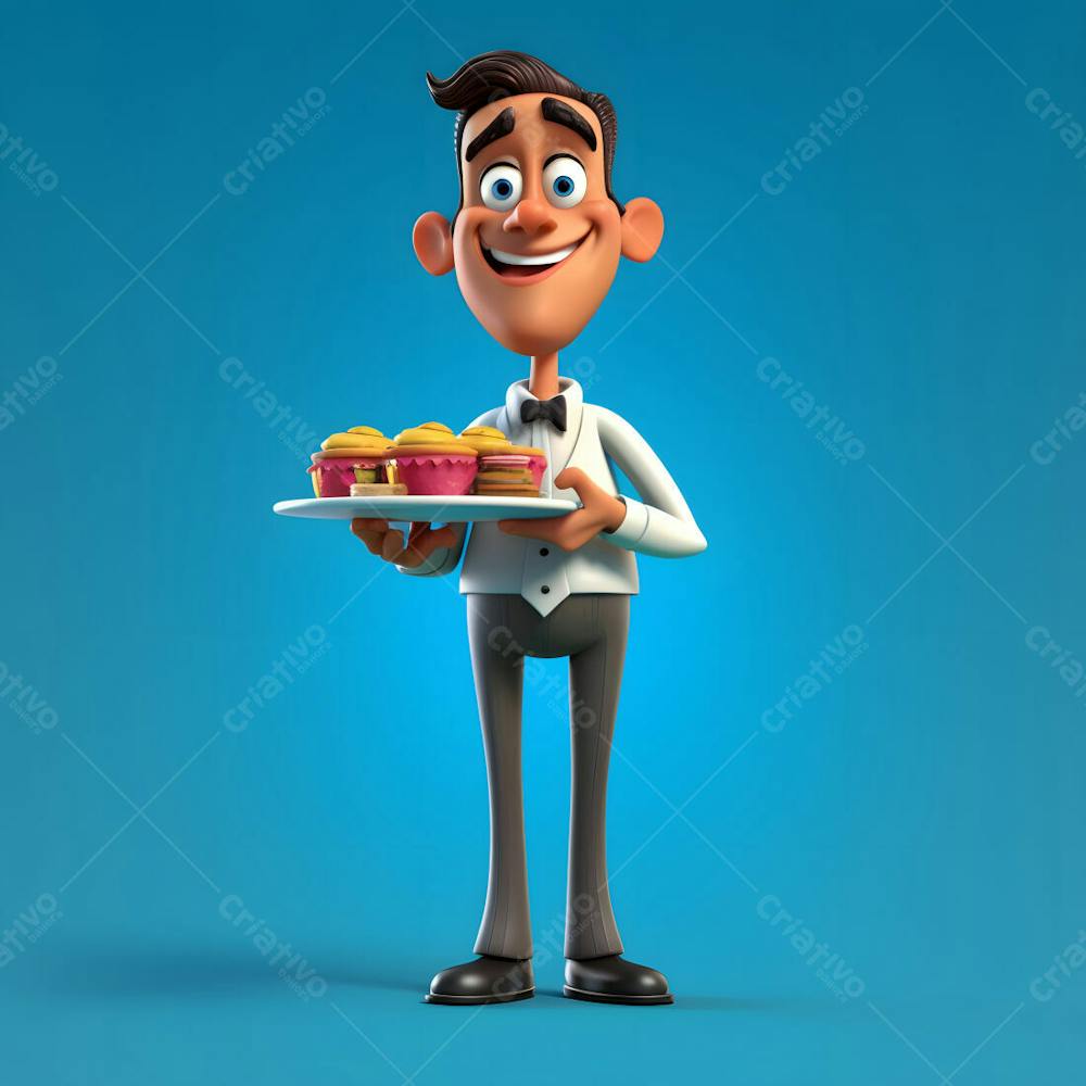  Um personagem de desenho animado em 3D de jovem garçom