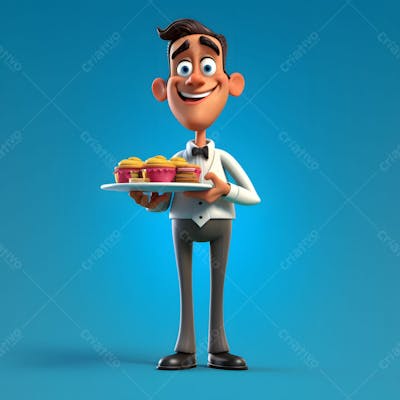  Um personagem de desenho animado em 3D de jovem garçom
