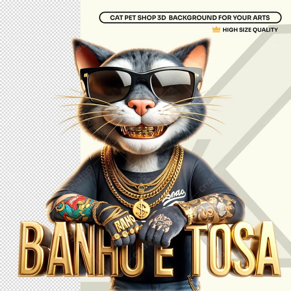 Gato 3D Gangster Pet Shop Banho E Tosa Social Media